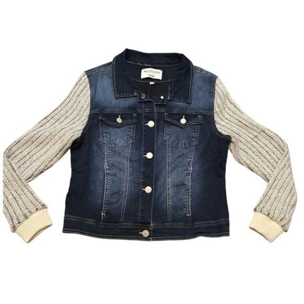 WallFlower Dreamer Fit Mixed Media Denim Jacket Knit Sleeves XL Dark Wash Blue